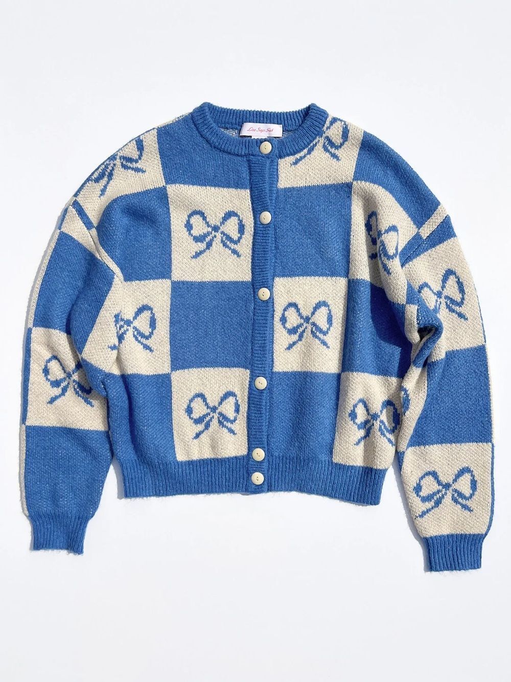 Lisa Says Gah Bow Check Lauda Cardi Sweater NWT